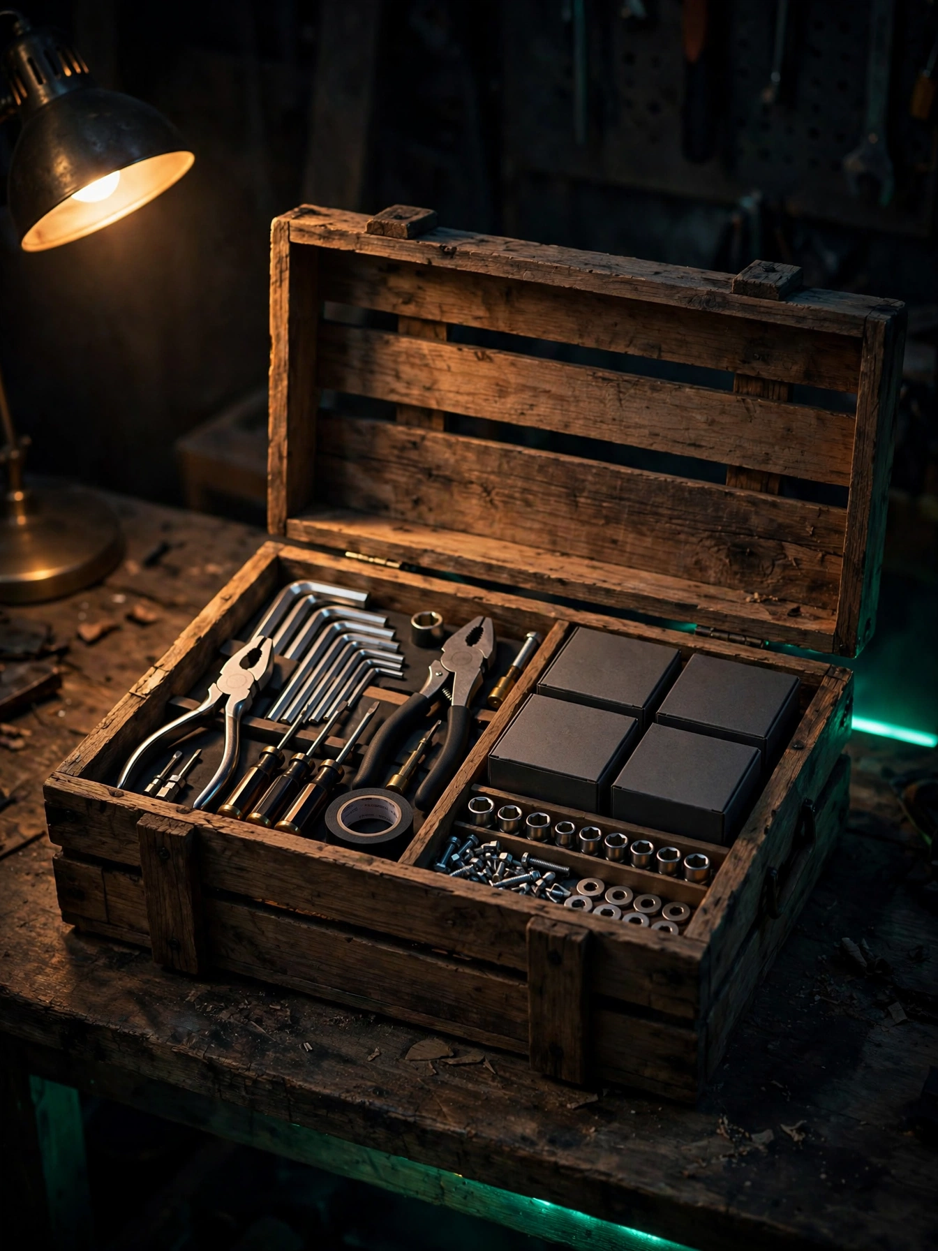 Bunk Pack cover: an open kit crate of tools on a workbench at night