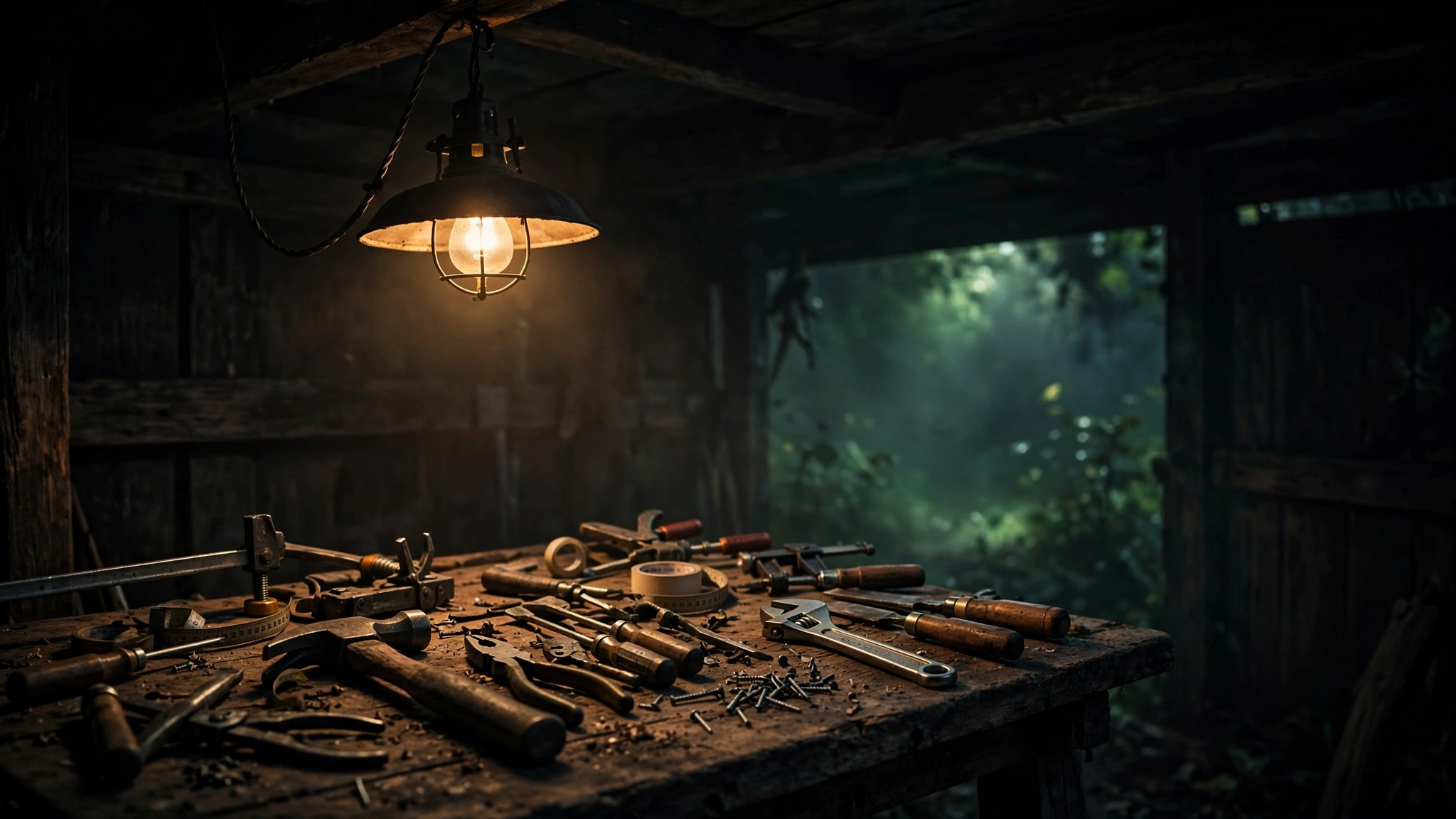 A tool shed workbench at night under a warm hanging lamp